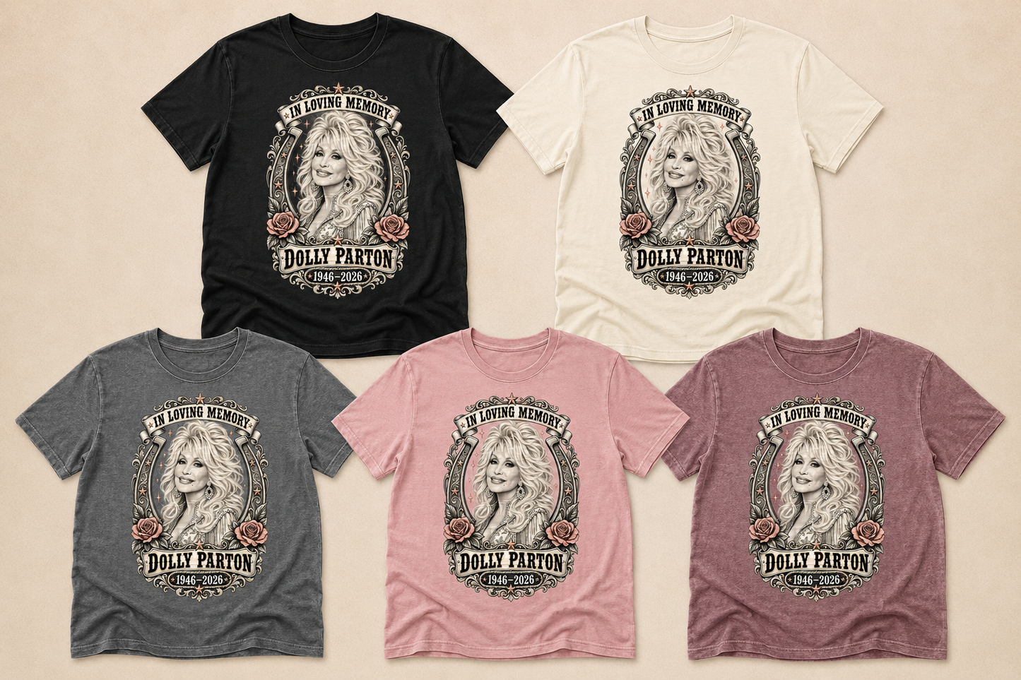 In Memory of Dolly Parton graphic tee shown in 5 colors: black, ivory, gray, pink, and vintage mauve