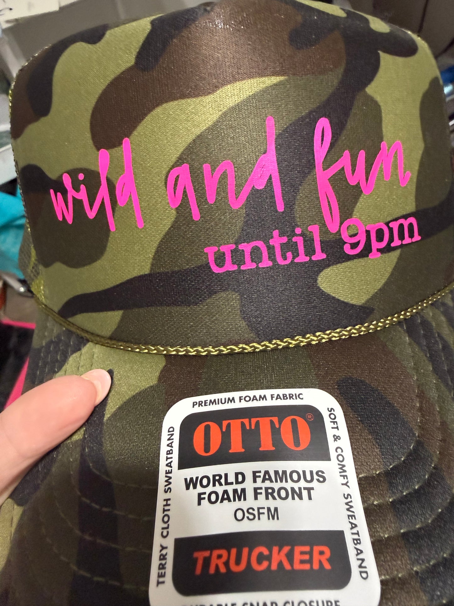 Wild and Fun Until 9pm desert camo Richardson trucker hat with hot pink font